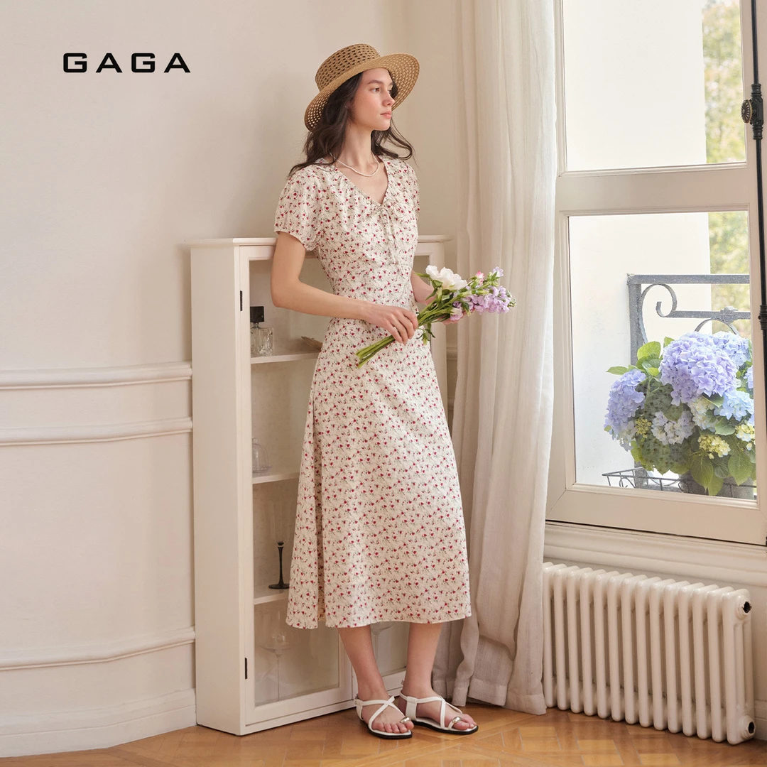 GAGA短袖夏季法式碎花连衣裙女V领系带收腰温柔风中长裙G62L034