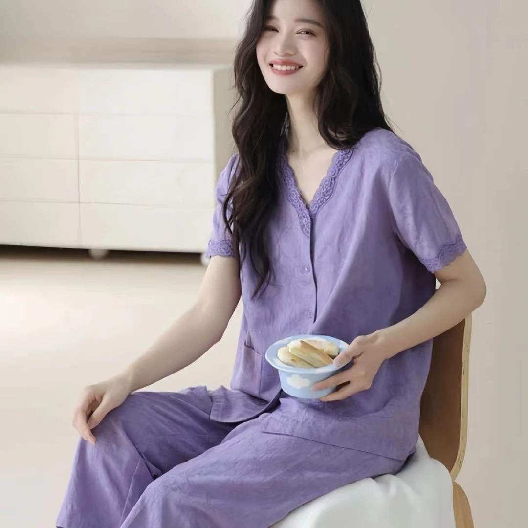 薄款国风复古短袖七分裤睡衣女士夏季新款蕾丝花边气质奢华家居服