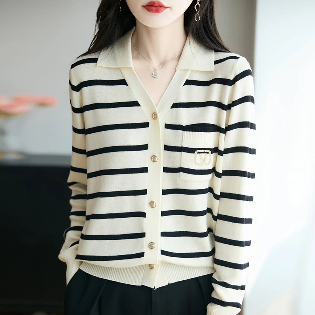 微胖mm春秋大码polo领女士条纹毛衣遮肚子显瘦上衣内搭针织打底衫