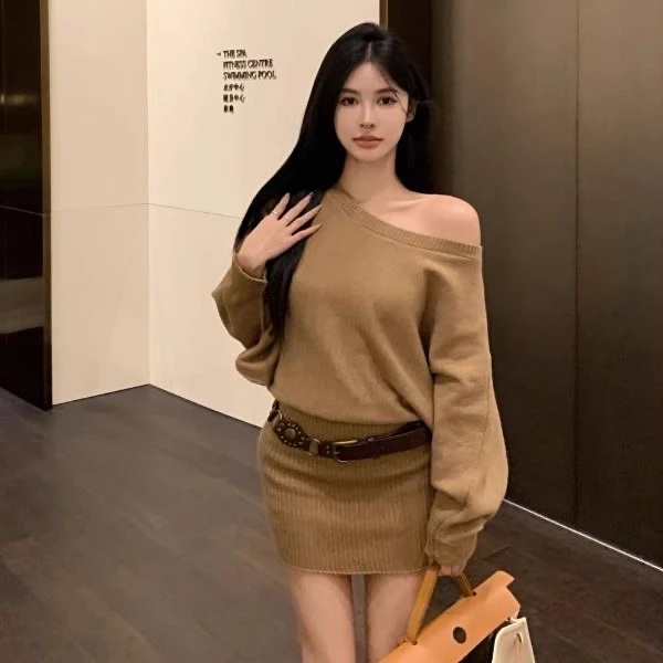 洋气宽松斜肩收腰显瘦软糯套头针织毛衣连衣裙