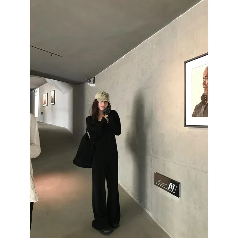 气质休闲套装复古洋气百搭显瘦长袖秋季新款高腰宽松阔腿裤两件套