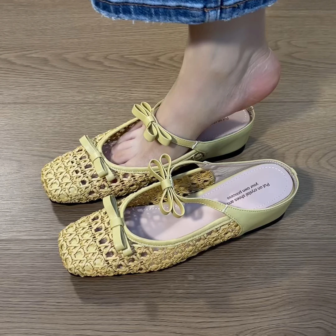 2025年夏季新款镂空编织包头凉拖鞋内增高蝴蝶结半拖拖鞋女外穿