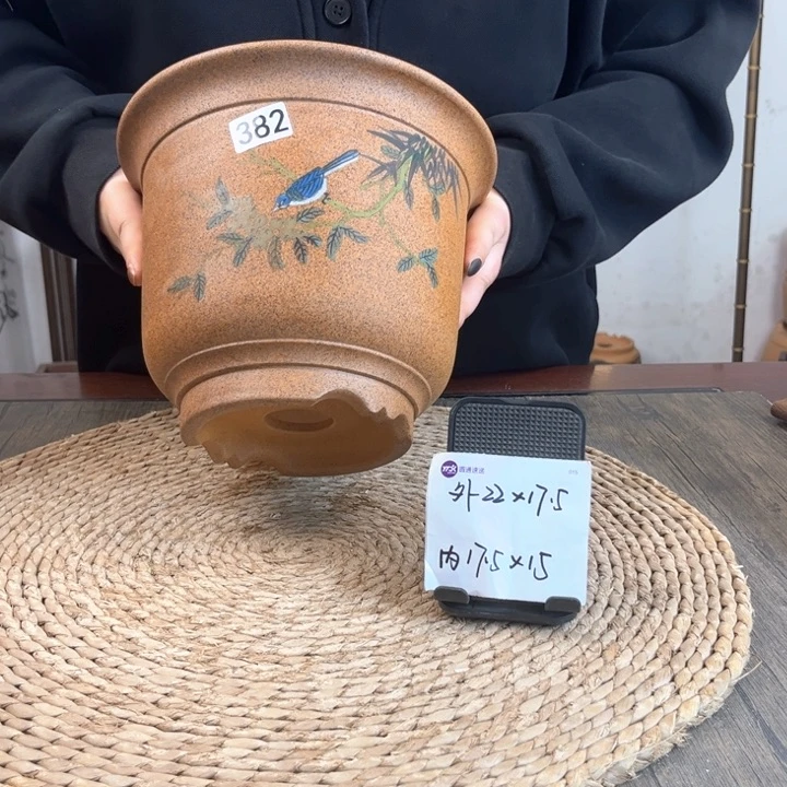 紫砂花盆孤品柴烧手绘金钟382