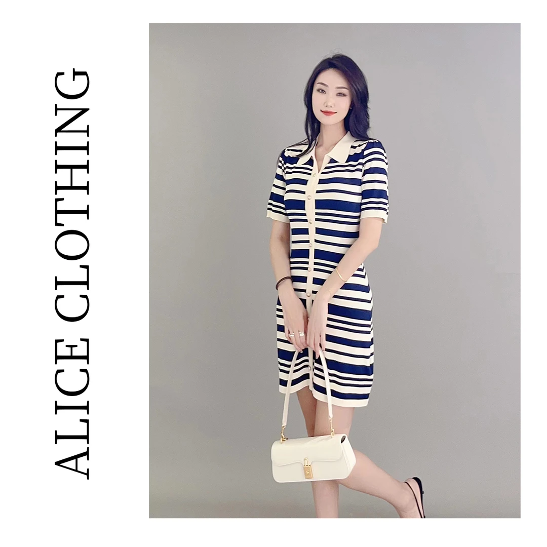 6ALICE 海军故事显瘦连衣裙气质翻领 经典条纹 S1031408L