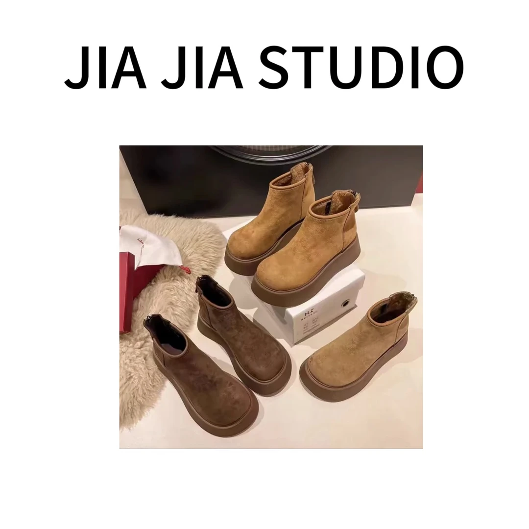 嘉嘉推荐#24115【冬季加绒加厚款】时尚百搭厚底后拉链短靴