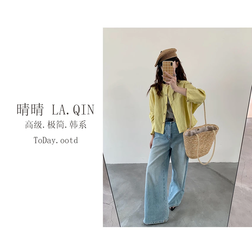 晴晴家-【亚麻扣子外套】韩系时尚休闲净版抽绳系扣开衫外套3315