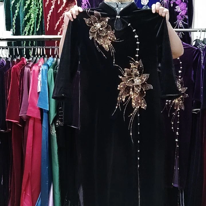 魅***力黑色金丝绒重工前开叉连衣裙2xl