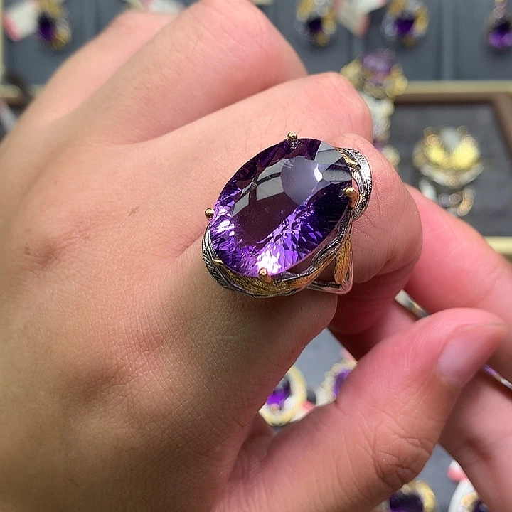 银S925镀金镶嵌戒指水晶