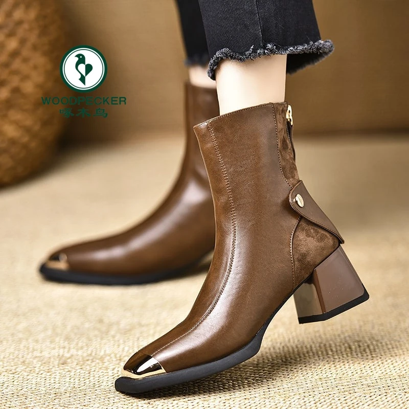 啄木鸟5.5厘米棕色美拉德风方头粗跟短靴女高跟马丁靴女瘦瘦靴女