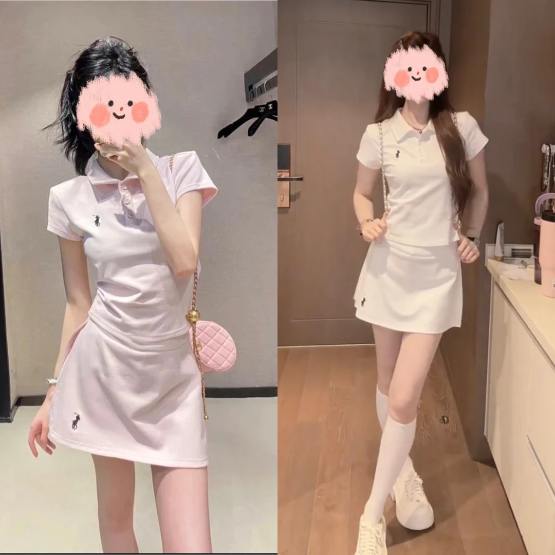 夏季休闲运动POLO领刺绣短袖T恤搭配松紧腰短裙裤套装女