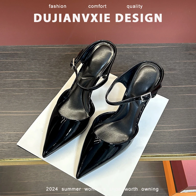 2025年秋季漆皮细跟包头高跟鞋女尖头拖鞋气质时尚欧美夜店凉鞋