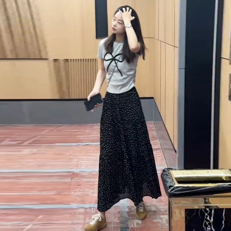 通勤轻熟风减龄穿搭夏季圆领短袖t恤波点半身裙子显瘦两件套装女