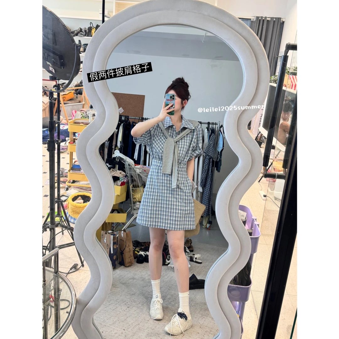 晶咕【伊顿供学】韩系假两件撞色格纹拼接披肩收腰长短版连衣裙