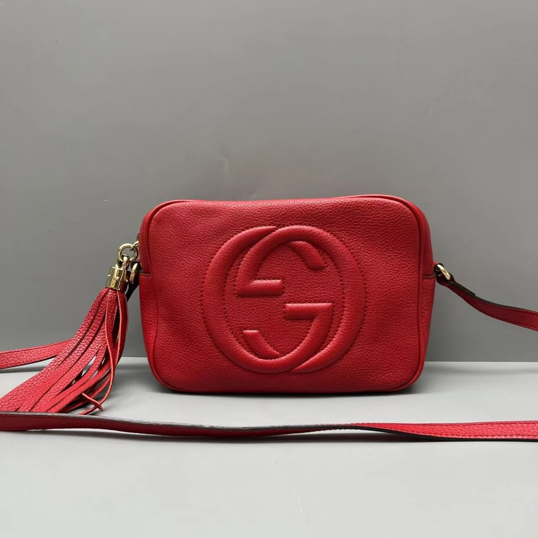 95新 GUCCI/古驰 红色荔枝纹soho流苏相机包 尺寸20*14 SV14352