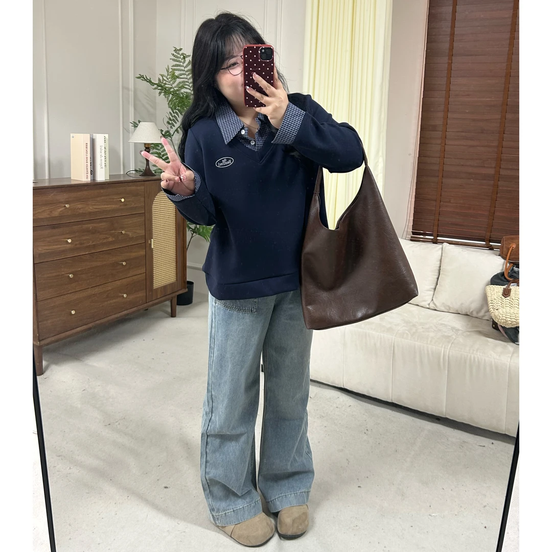 QINGYUS-春季衬衫拼接假两件卫衣微胖显瘦学院风正肩上衣大码女装