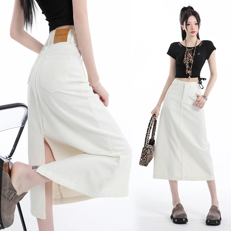 2025秋季杏色高腰开叉牛仔半身裙新款宽松显瘦字中长款包臀裙子
