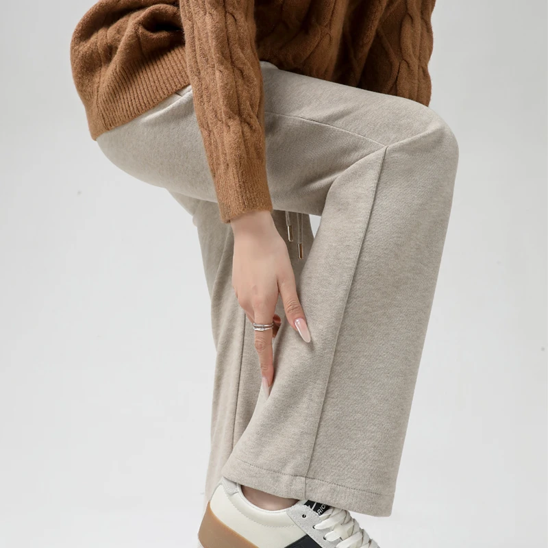 大码加厚羊绒裤女秋冬新款窄版直筒喇叭加绒高腰垂感休闲微喇长裤