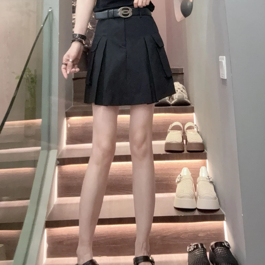 【YUANJIE】欧洲站南油时尚百搭显瘦洋气高腰双口袋褶皱半身裙女