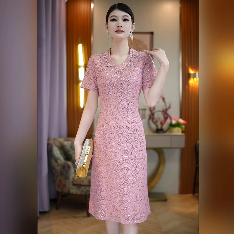 高档蕾丝婆婆妈妈连衣裙7分袖时尚结婚喜庆50-60岁喜婆婆女装