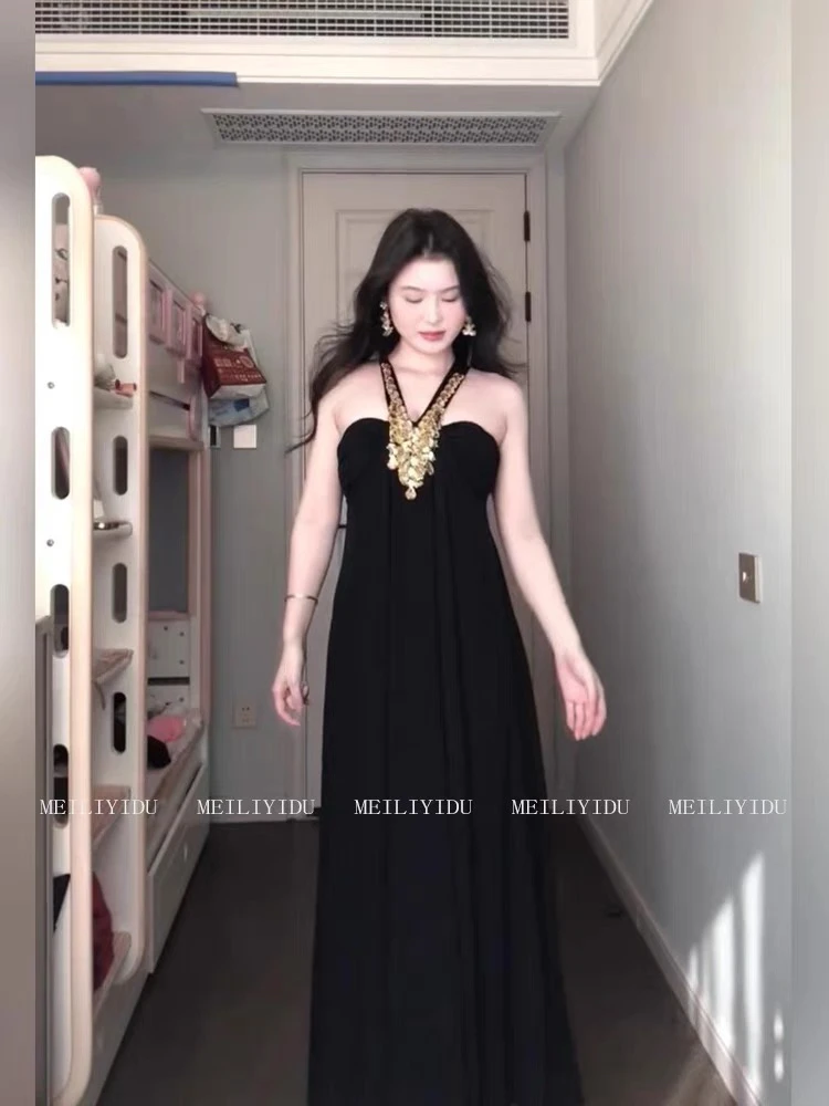 贵气古早风钉珠挂脖连衣裙女名媛气质重工长裙