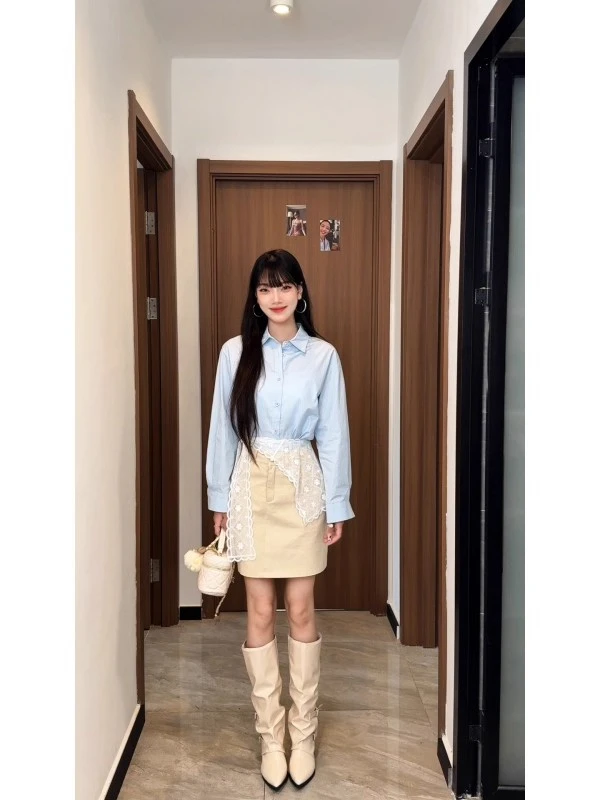 早秋独特漂亮套装韩系减龄气质蕾丝收腰衬衫上衣休闲半身裙两件套