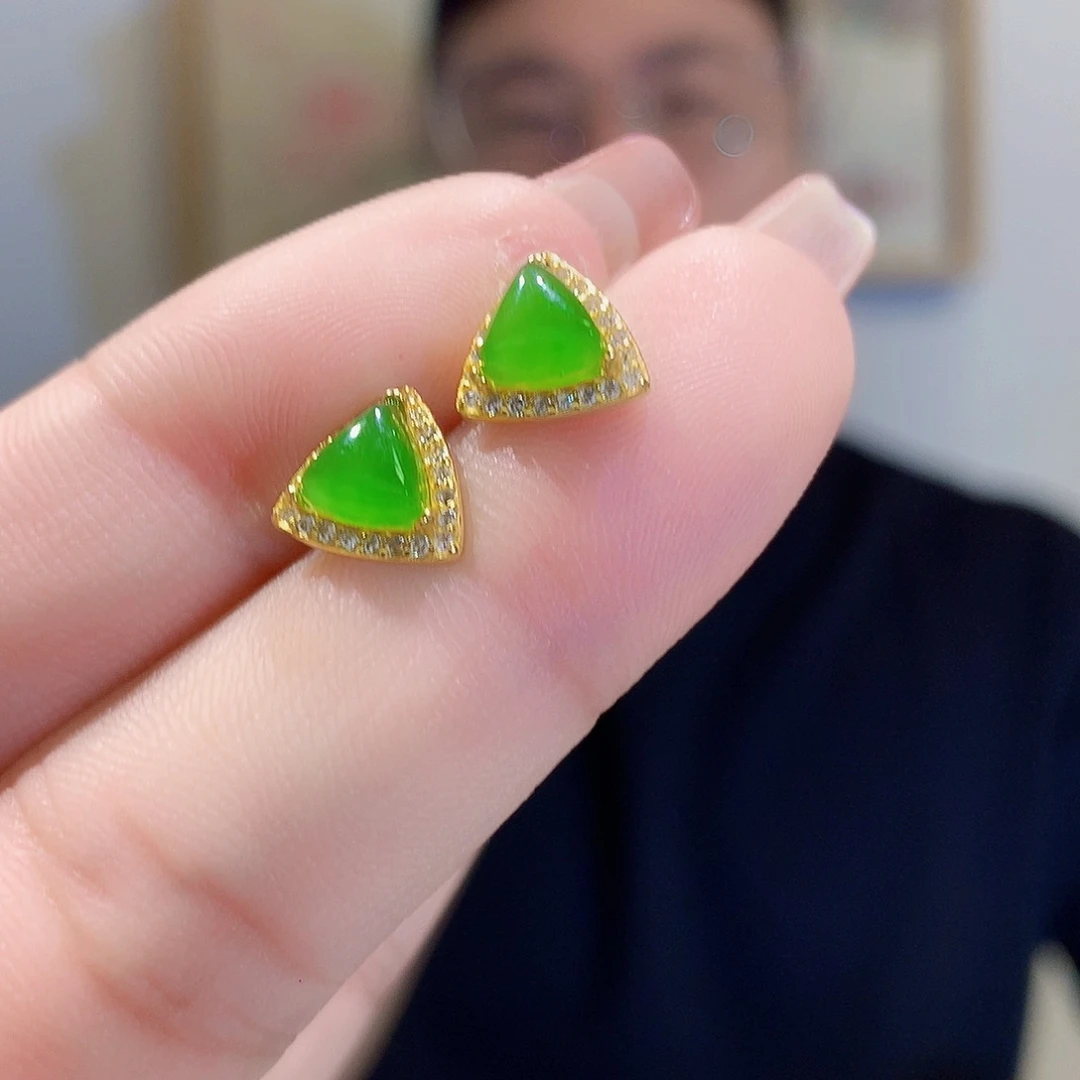 和田玉（碧玉）银S925镀金镶嵌耳饰