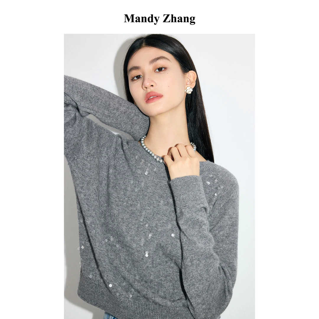 【诗语专属】MandyZhang慵懒感灰色羊绒套头针织衫女初秋上衣