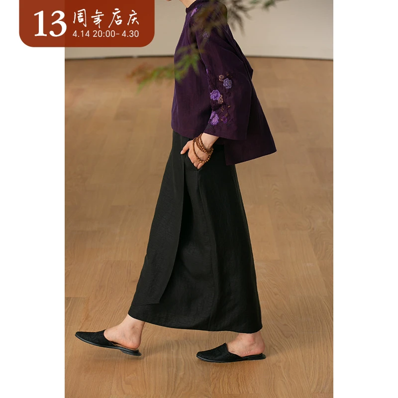 牧衣游原创设计女装重磅真丝质感黑色夏【龟裂纹香云纱半裙】唯余