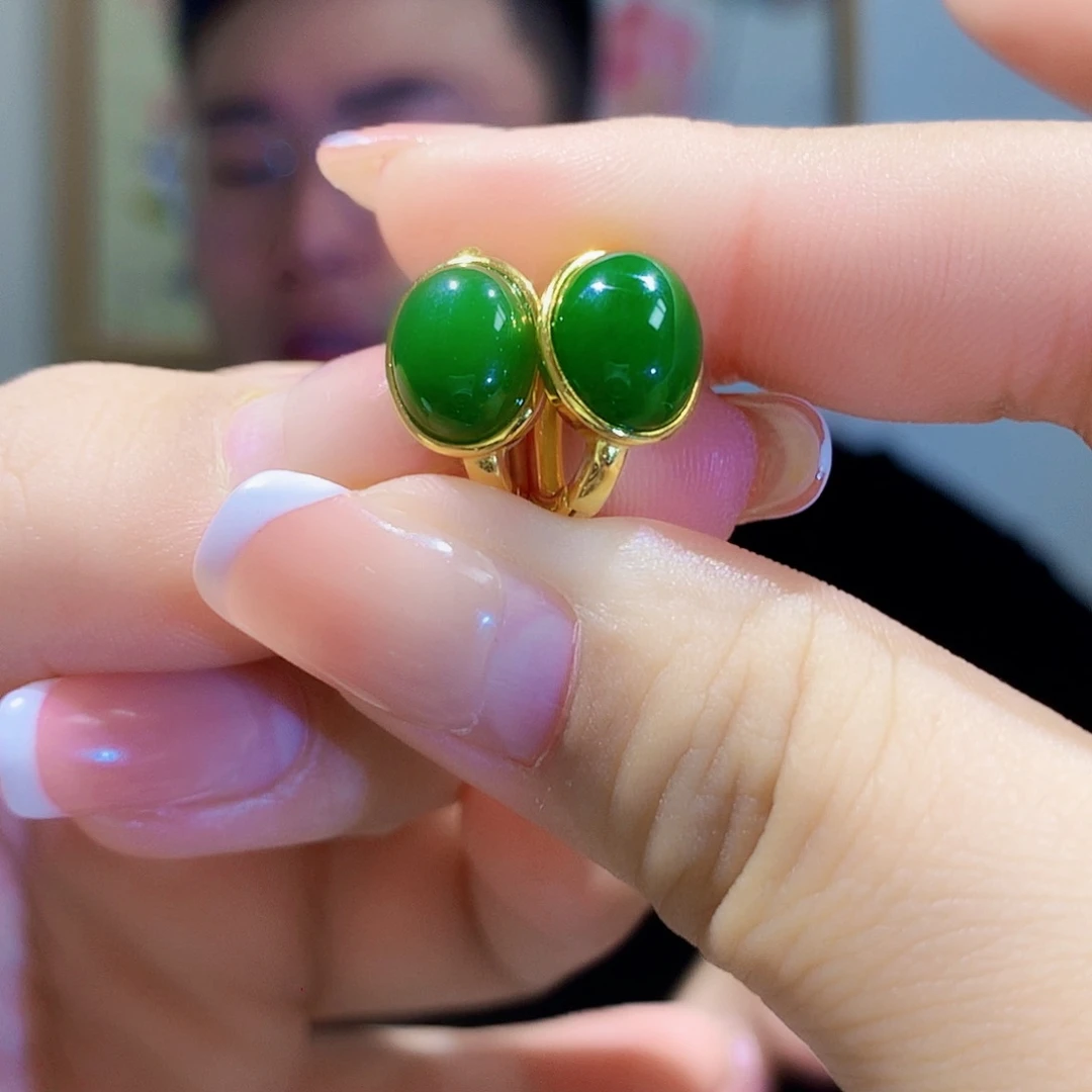 和田玉（碧玉）耳饰银S925镀金镶嵌