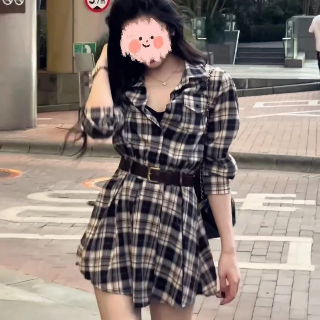 休闲慵懒风格纹复古收腰连衣裙女早秋新款时尚韩版长袖衬衫连衣裙