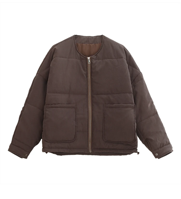 【麻念】衣长64 软糯舒适冬款圆领纯色加厚拉链棉服女A2465