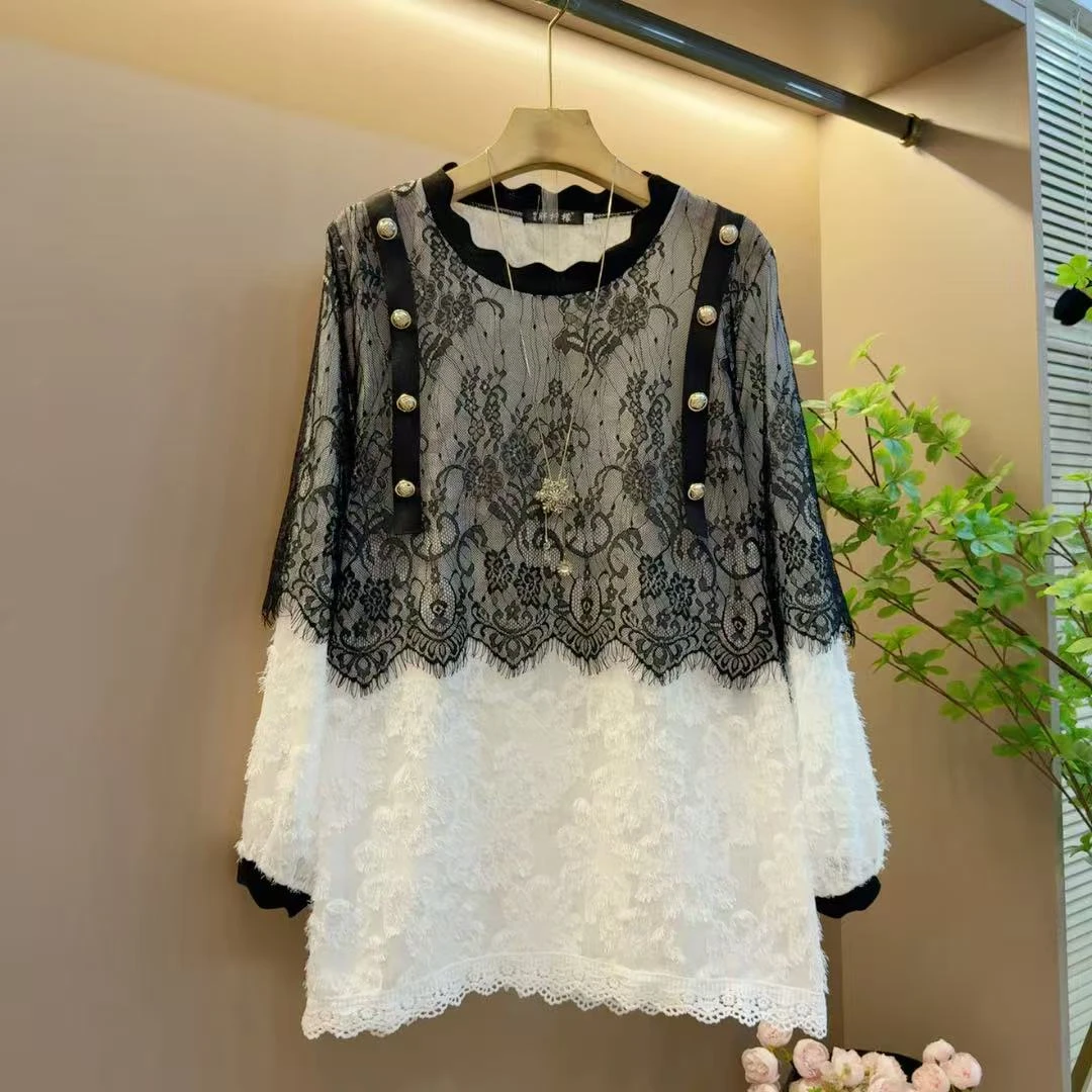 时尚韩版新款圆领气质拼接假两件宽松遮肉上衣（长68左右)