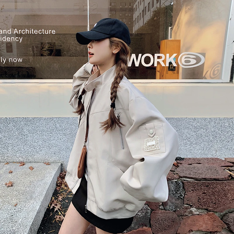 米白色美式高街立领气质百搭短外套女2025年春季新款小个子棒球服
