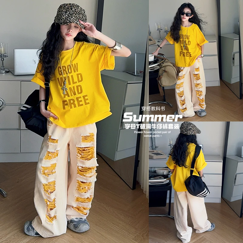 女童夏季套装韩范休闲新款字母短袖宽松T恤女孩夏款牛仔破洞裤子