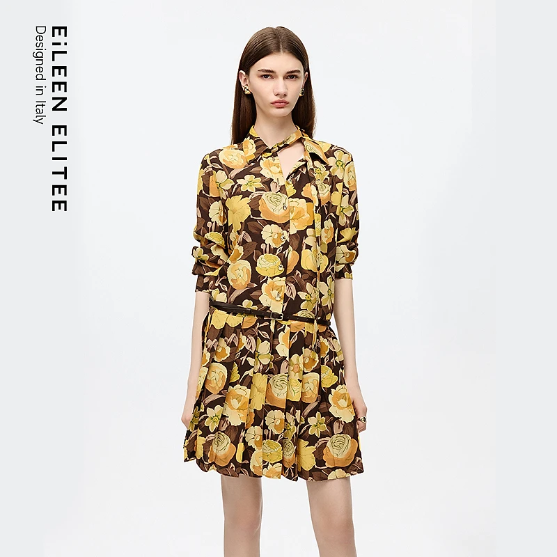 朗姿欧洲EiLEEN ELITEE系带衬衫领百褶印花连衣裙2025秋季新款