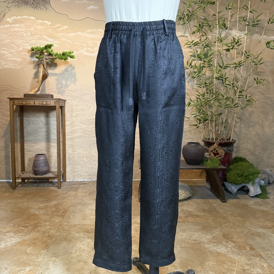 馨蕴古玥 新款香云纱冠乐绉黑色长裤   男士松紧腰休闲裤