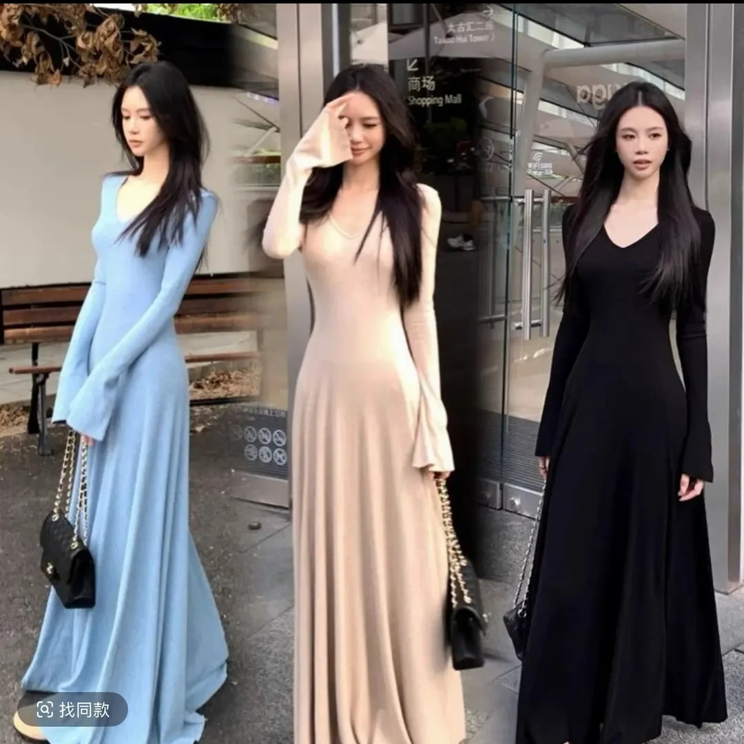 【裙长142CM】高个子气质V领内搭长袖连衣裙女秋冬显瘦打底大摆长裙