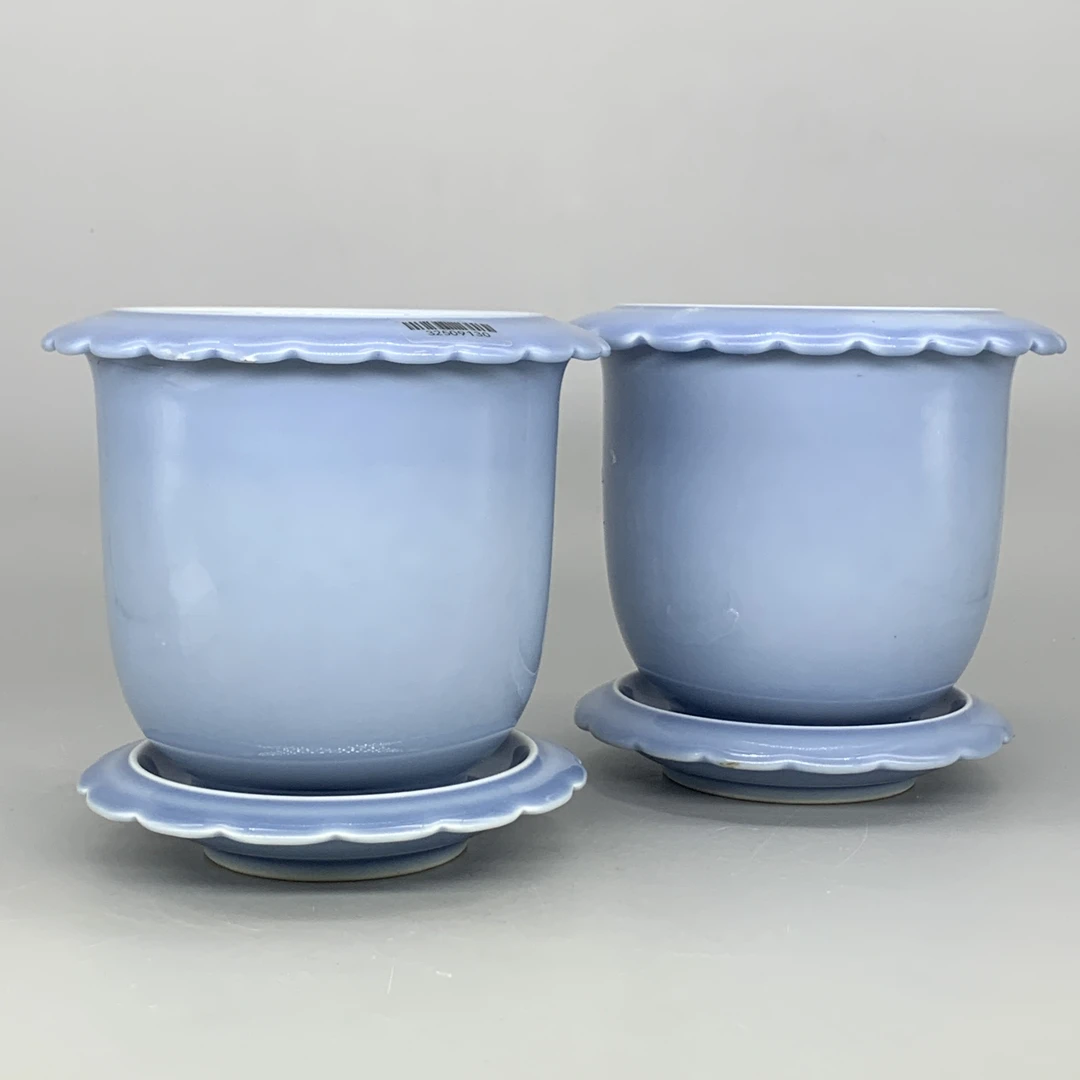 32509130*民国天蓝釉花盆一对/瓷器三/江苏省文物总店/MM