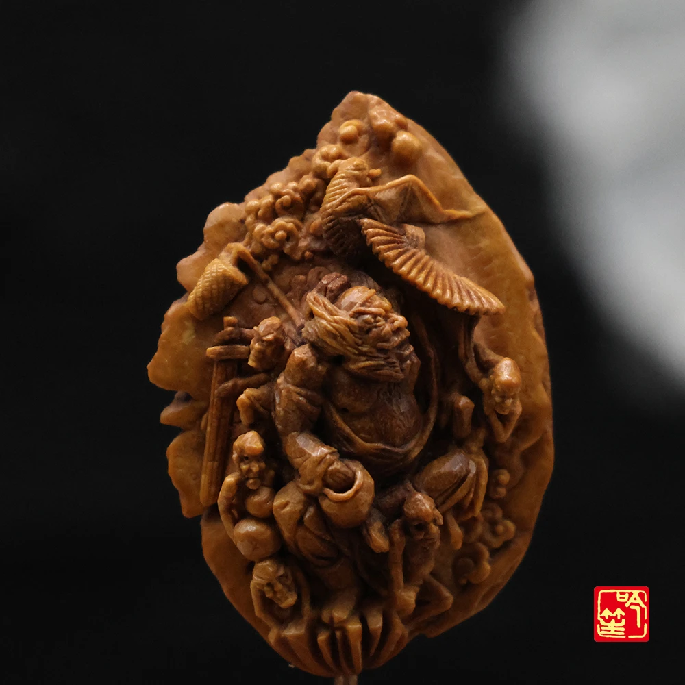 【吟笙】-云龙-五鬼钟馗-桃核雕刻精美手把件文玩盘玩收藏品