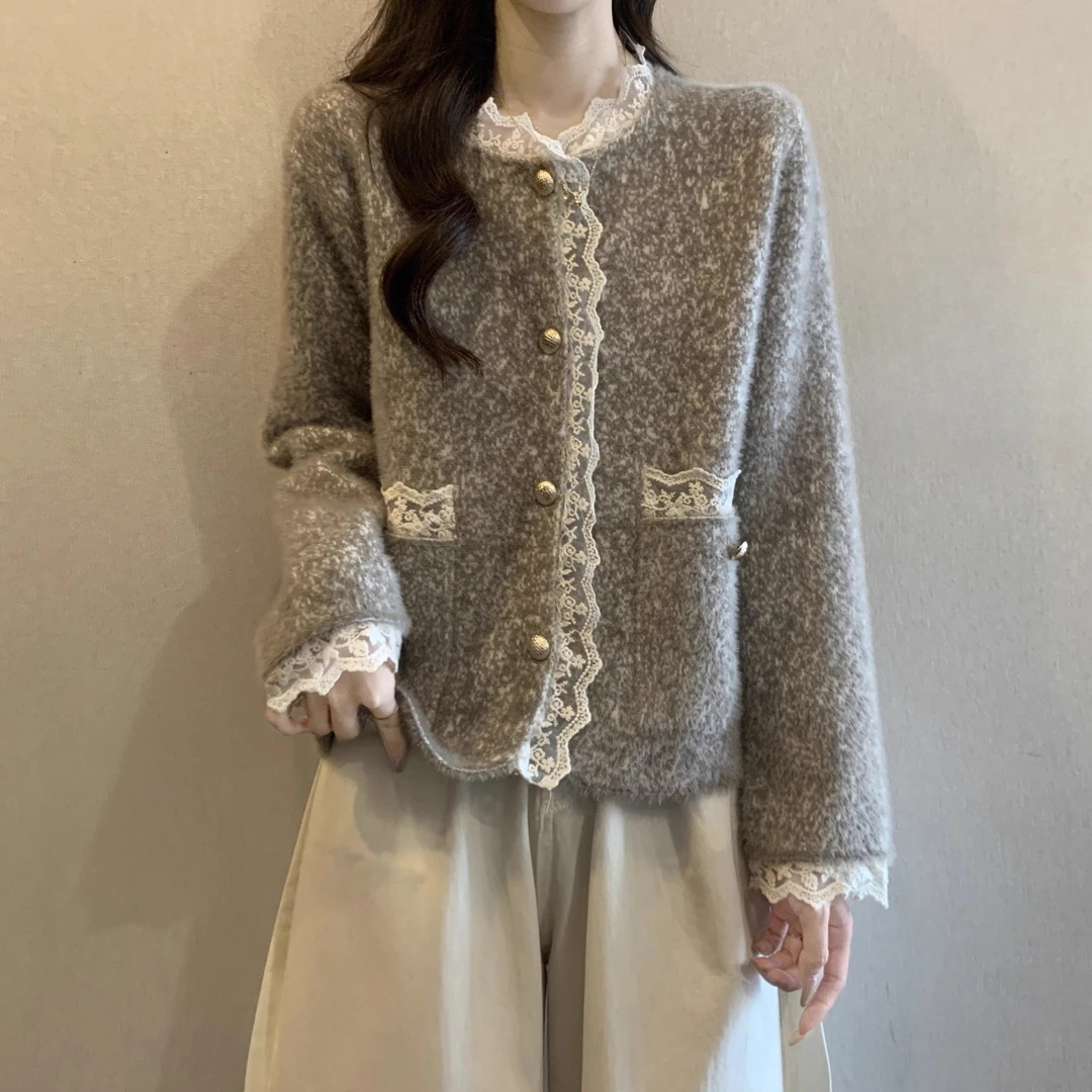 针织宽松女中国风开衫款毛针织衫气质秋冬百搭时尚蕾丝边开衫