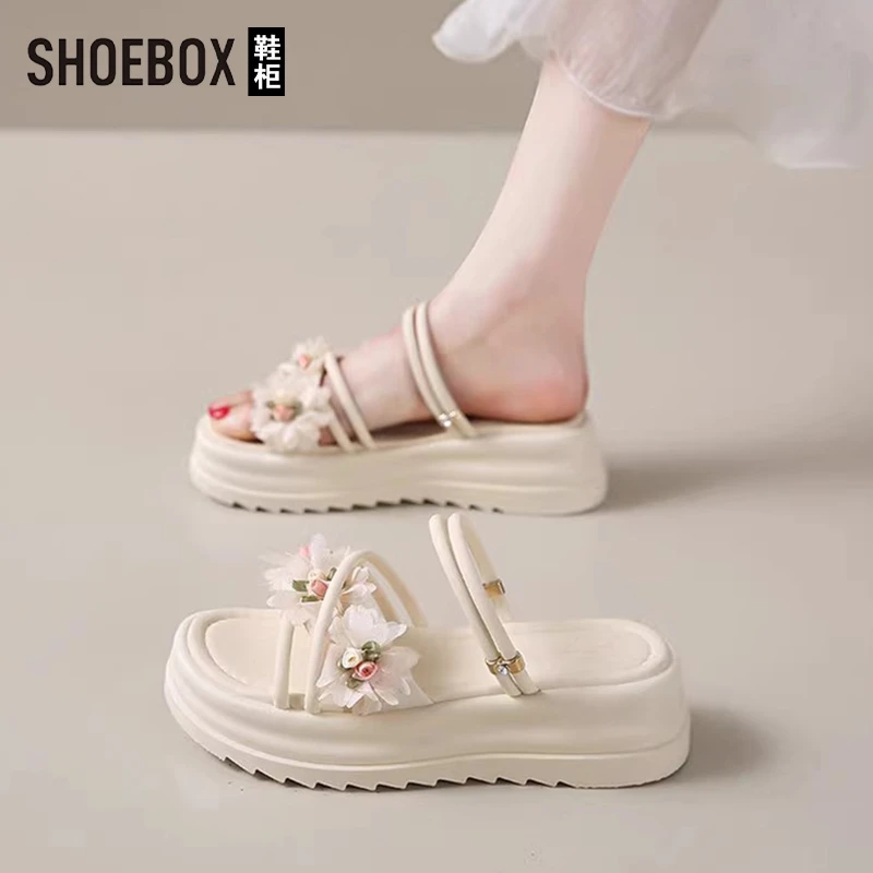 SHOEBOX鞋柜甜美仙女风拖鞋女2025夏外穿时尚花朵厚底两穿凉拖