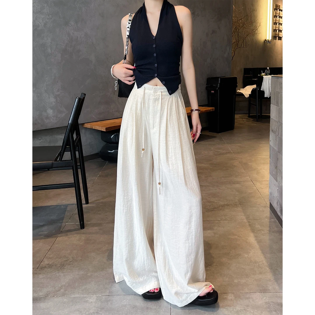 【格蓝度官方旗舰店】复古抽绳白色阔腿裤女夏季薄款西装直筒休闲裤