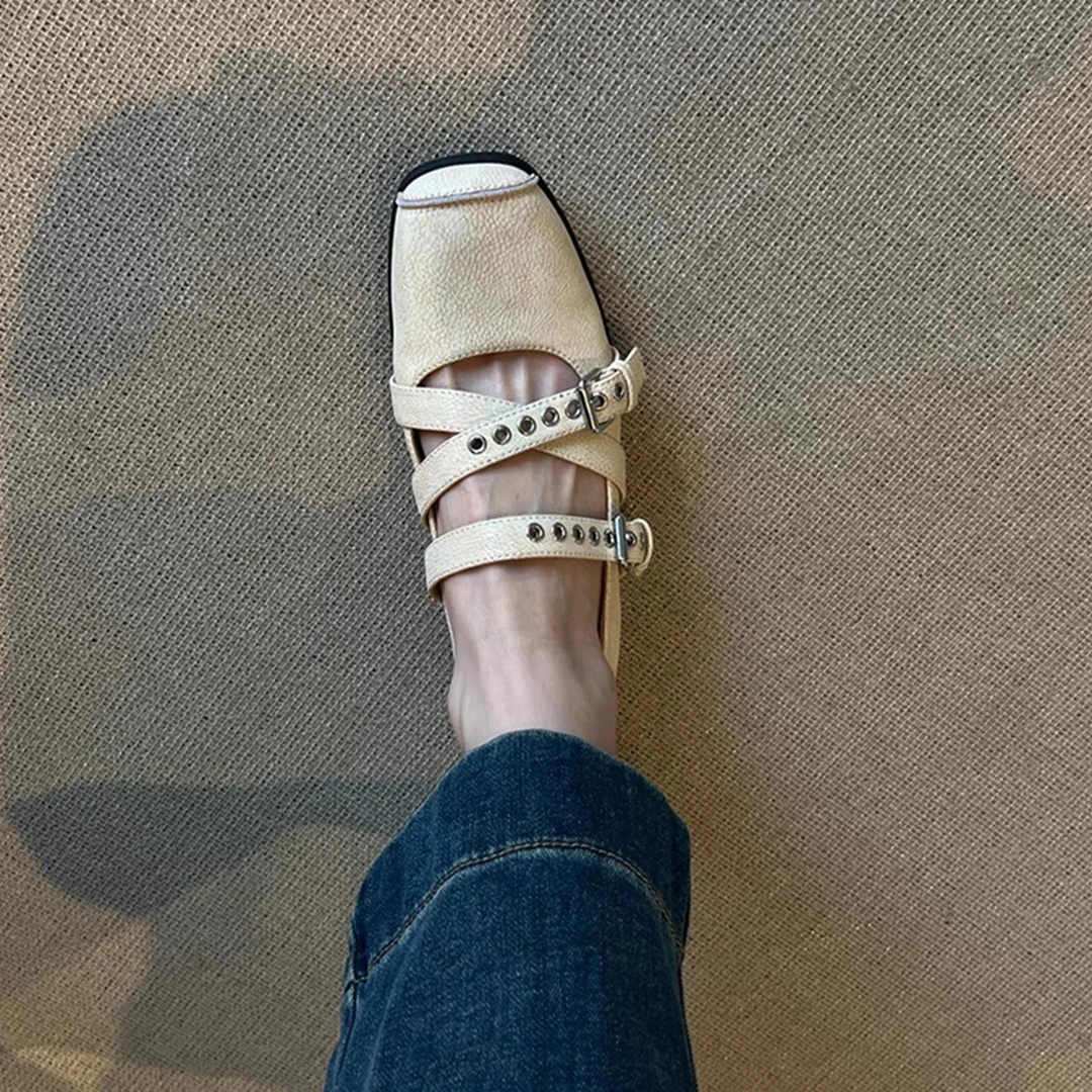 牛皮版~法式浅口芭蕾舞鞋女交叉扣带方头小单鞋复古运动玛丽珍鞋