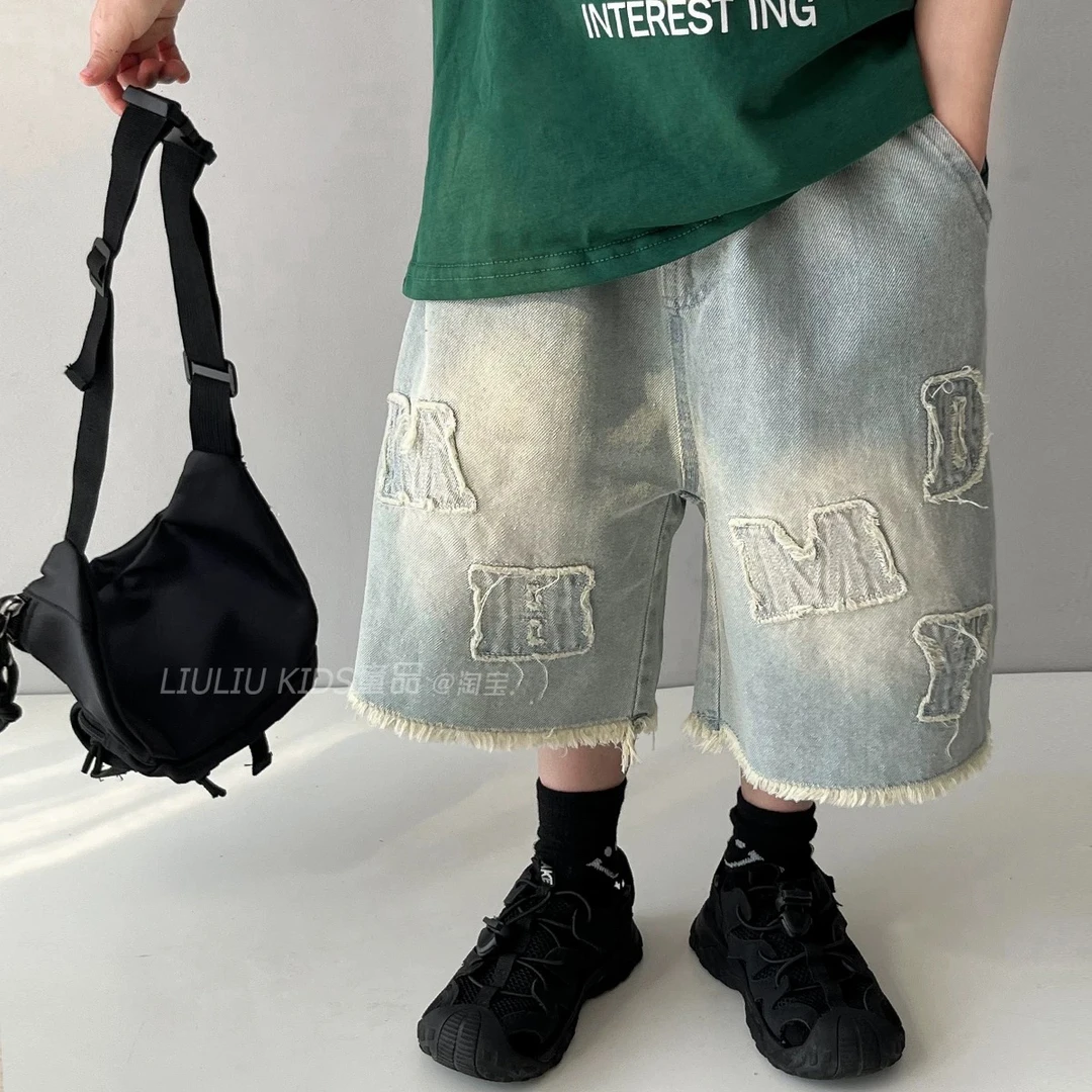 1781男童夏季刺绣贴布牛仔中裤超软裤子