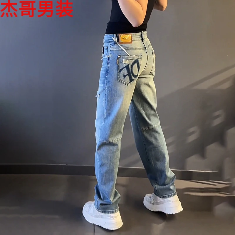 秋冬薄款大码潮牌男士时尚新款显瘦休闲字母宽松牛仔裤直筒潮长裤