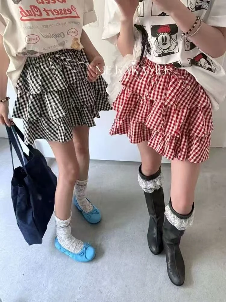 大码胖mm韩系纯欲复古格纹撞色蛋糕半身短裙女高腰a字显瘦蓬蓬裙