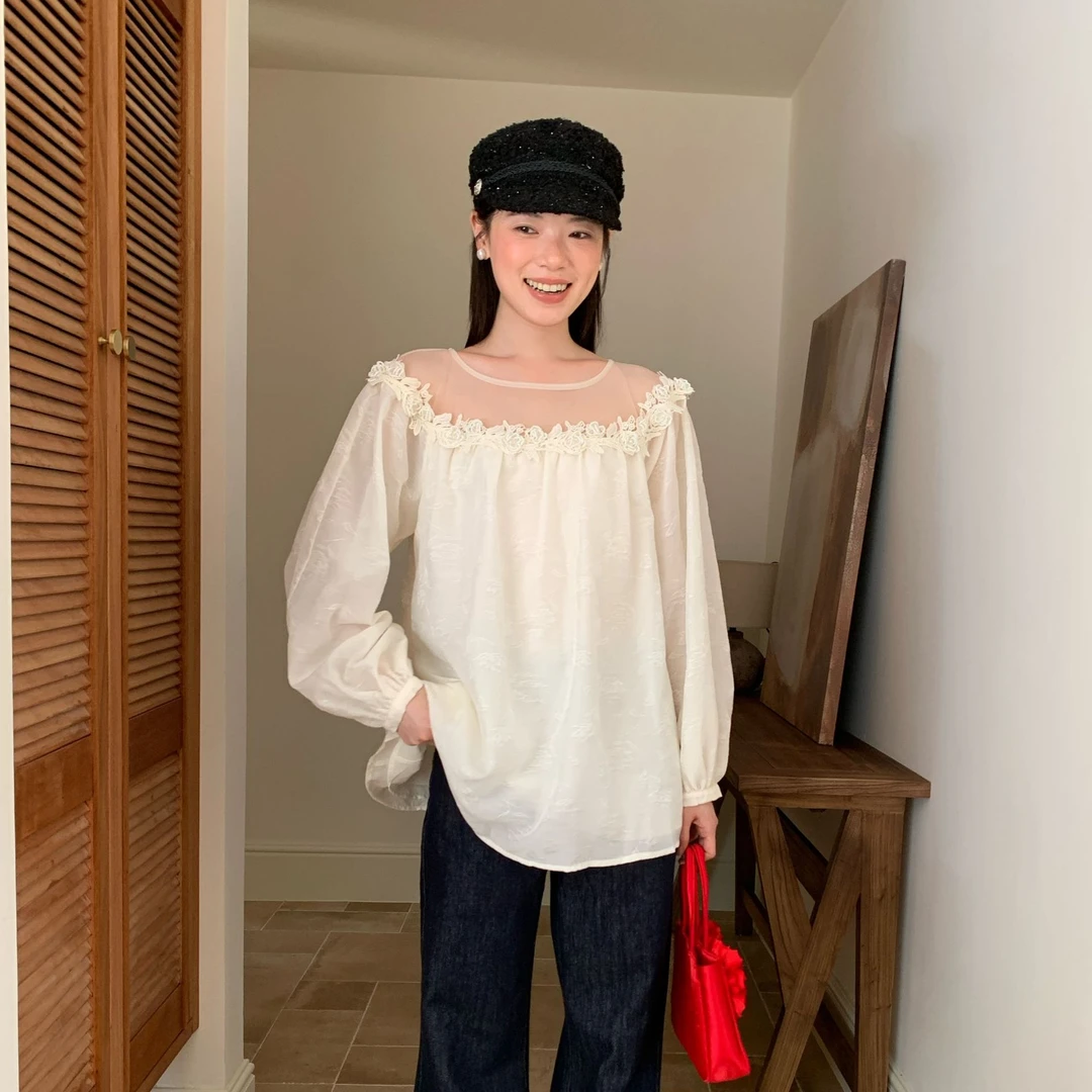 09.15NEW OPEN 25秋法式纯欲性感网纱花边拼接雪纺衫上衣女