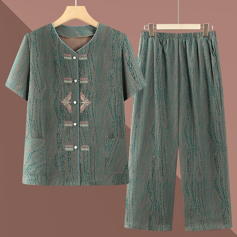 中老年人女夏装冰丝套装奶奶短袖妈妈开衫大码两件套老人宽松衣服
