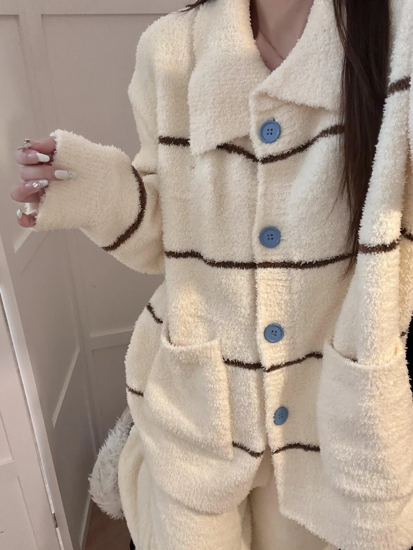 可爱甜美酷猫慵懒针织半边绒睡衣女冬季加厚套装保暖家居服可外穿