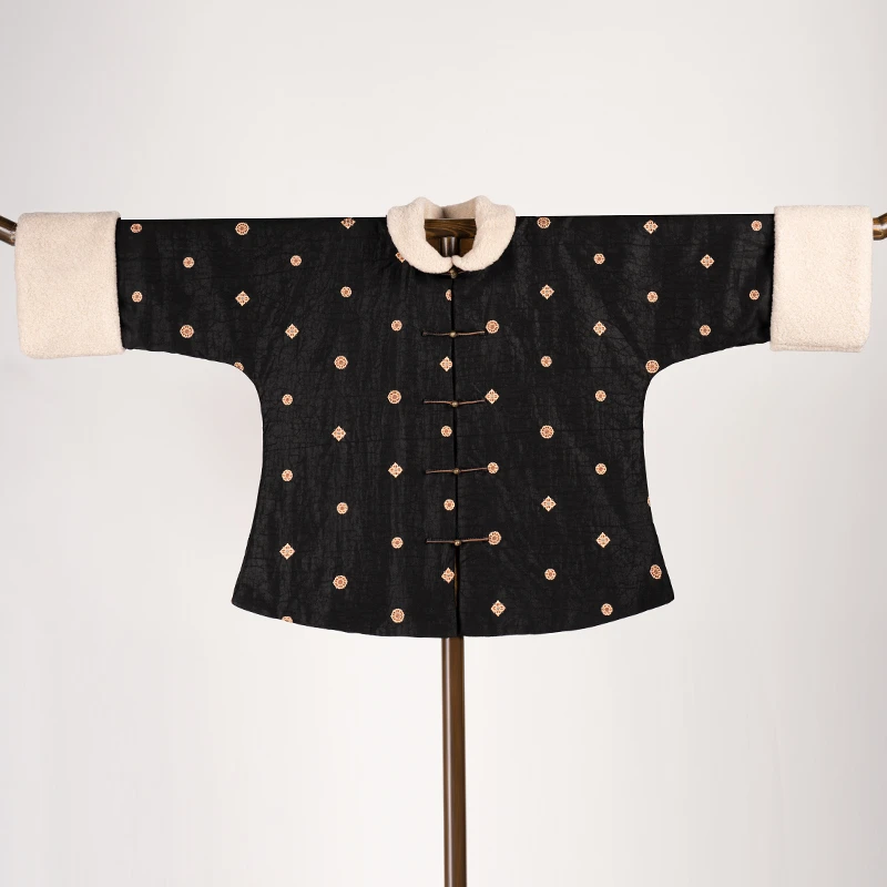 【墨星梦】新中式民族风桑蚕丝香云纱平肩对襟高领羊剪绒棉袄